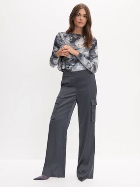 Melanie Lyne Satin Dark Gray Wide-Leg Cargo Pants New Size 4
